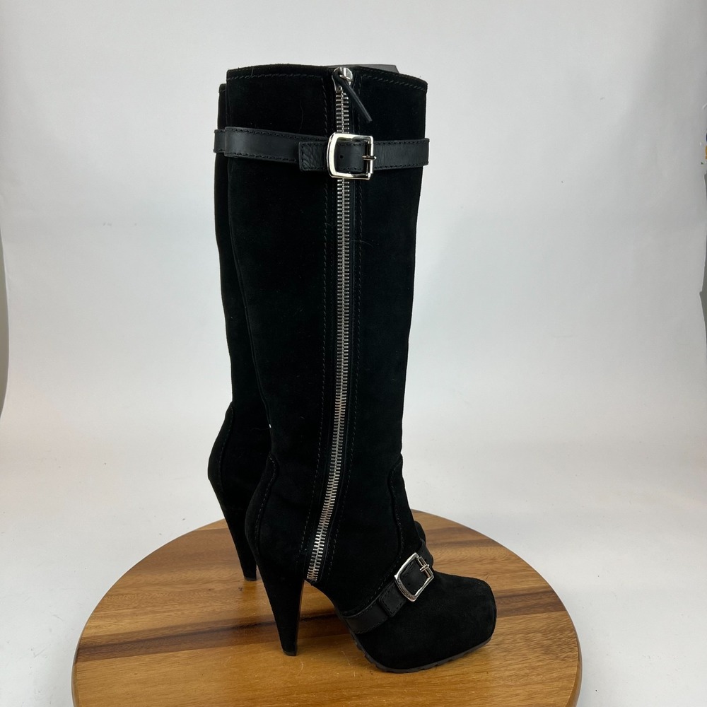 Womens Proenza Schouler Black Suede Harness Heeled Knee High Boots Size 37.5 GUC